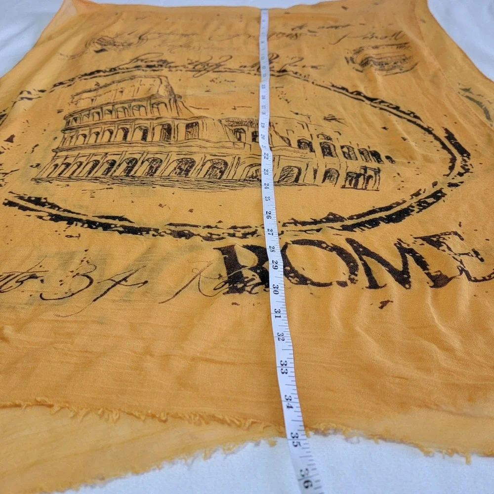 Rome Italy Themed Scarf Mustard Yellow Cotton Blend with a Sheer 70